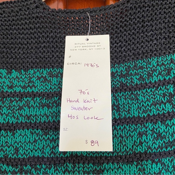 Vintage 70s 80s Hand Knit Space Dye Short Sleeve Sweater | Green Black - Picture 4 of 5